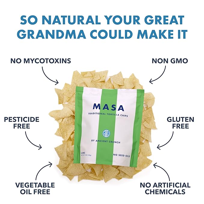 MASA Chips - Lime Flavored Tortilla Chips, Handmade Corn Chips & Crisps - Naturally Grown White Corn, Made with Grass Fed Tallow & Sea Salt - 6 Pack, 5 Ounce Each