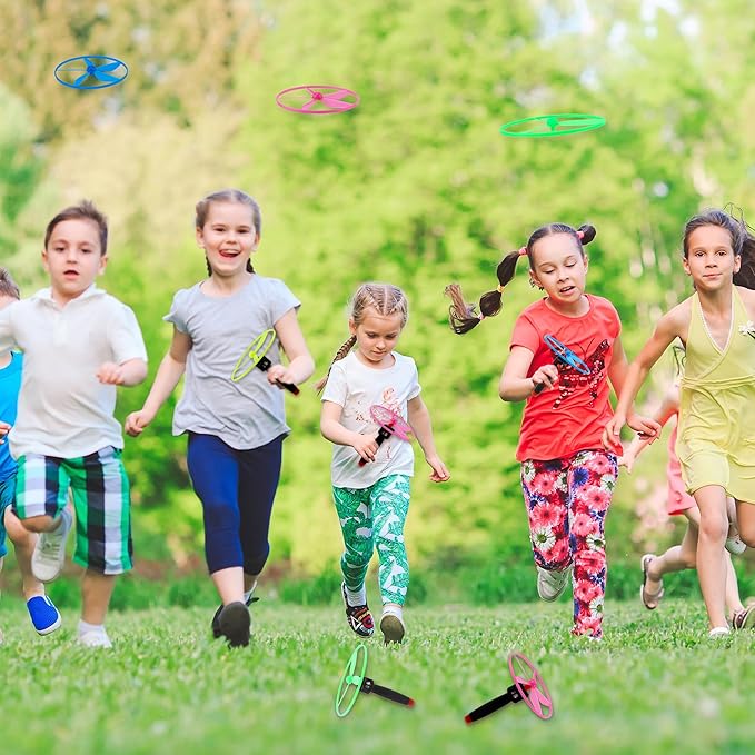 48 Pcs Flying Saucer Flying Disc Toy Helicopter Toy Disco Flyers Include 16 String Launchers and 32 Flying Saucer for Kids Outdoor Games Birthday Favors, Random Colors