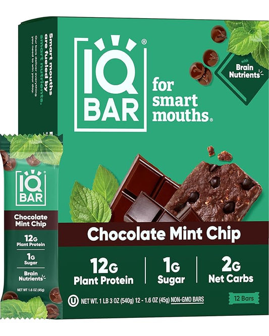 IQBAR Brain and Body Plant Protein Bars - Chocolate Mint Chip - 12-Count Low Carb - Gluten Free