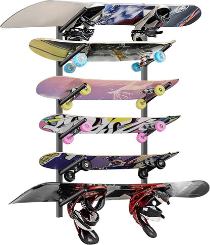 Skateboard Rack Wall Mount ??Skateboard Wall Hanger, Snowboard Display Wall Mount, Ski Holder | 6-Floor Skateboard & Ski & Snowboard Storage Rack | Snowboard & Ski Lover Gifts