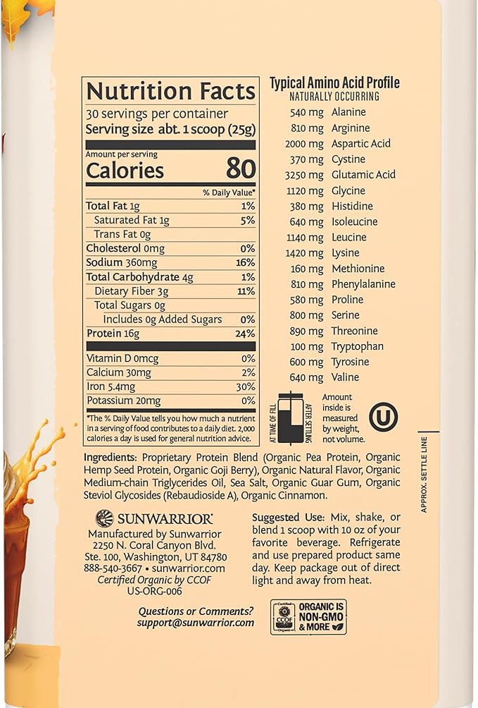 Sunwarrior Vegan Protein Powder Plant-Based USDA Organic Protein BCAA Amino Acids Hemp Seed Keto Friendly Soy Dairy Gluten & Synthetic Free Non-GMO, Pumpkin Spice Flavored 30 Servings