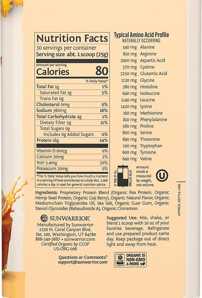 Sunwarrior Vegan Protein Powder Plant-Based USDA Organic Protein BCAA Amino Acids Hemp Seed Keto Friendly Soy Dairy Gluten & Synthetic Free Non-GMO, Pumpkin Spice Flavored 30 Servings