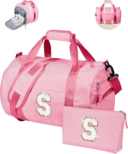Birthday Gifts, Girl Gym Bag, Kids Initial Overnight Duffel Bags with Shoe Compartment, Personalized Travel Bag with Makeup Pouch, Gift for 5 6 7 8 9 10 11 12 13 Years Old Girls (Letter S)
