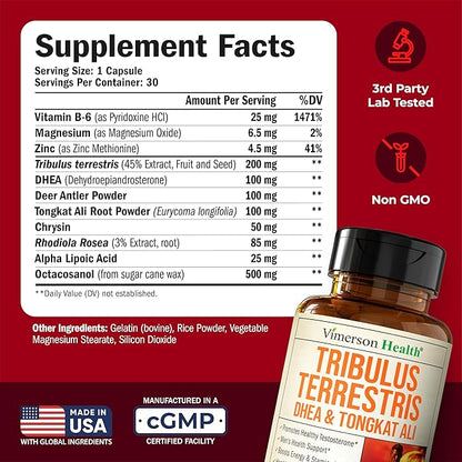 Testosterone Supplement For Men ??Tribulus Terrestris, Magnesium, Zinc, Tongkat Ali & Rhodiola Rosea Supplement ??Muscle Builder, Libido Support & B6 Vitamins for Men with DHEA 100mg ??30 Capsules