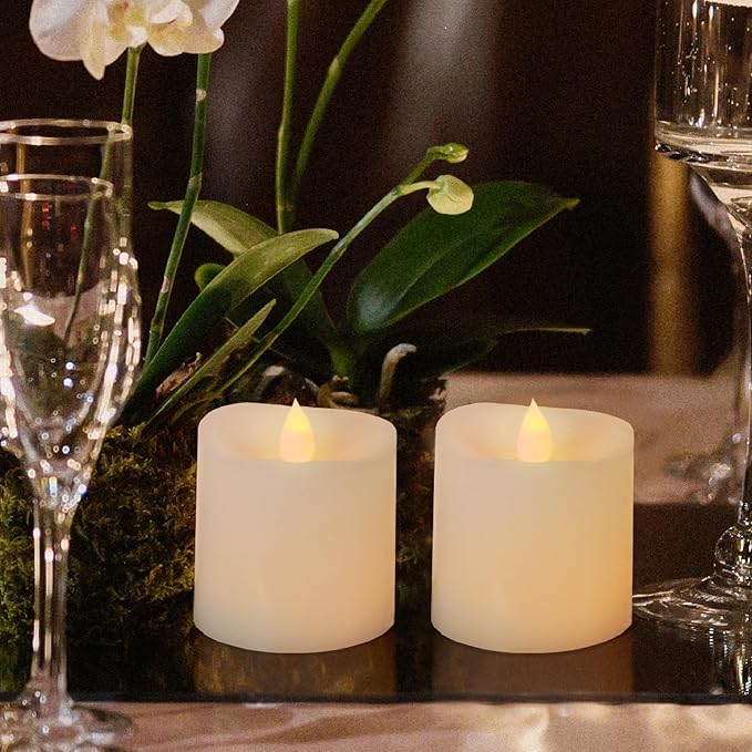 3x3 Flickering Flameless Candles Set of 2,3 inch Real Wax LED 600 Hours Battery Candles with Timer Remote,Control for Wedding Party Indoor,Ivory
