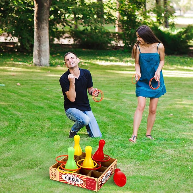 Wettarn Carnival Bottle Toss Game Ring Toss Games, Include a Circus Ticket Box 6 Plastic Bottles and 6 Throw Rings for Summer Carnival Outdoor Backyard Beach Party Activities