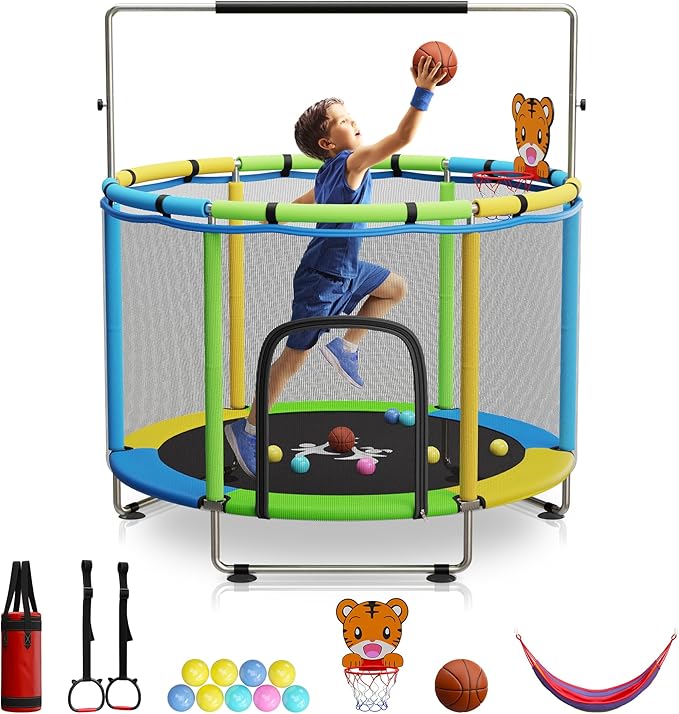 Toddler Trampoline for Kids Ages 3-8 - 5 ft Toddler Trampoline with Net, Basketball Hoop, Ocean Balls, Boxing Bag, Hammock - Indoor and Outdoor for Kids, Backyard