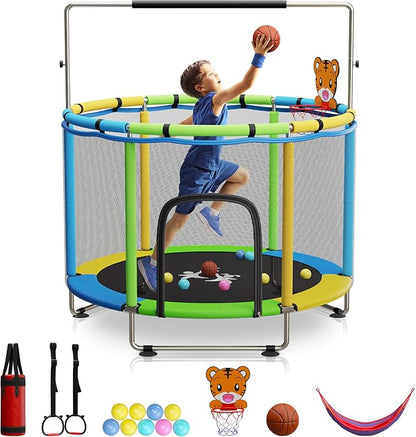 Toddler Trampoline for Kids Ages 3-8 - 5 ft Toddler Trampoline with Net, Basketball Hoop, Ocean Balls, Boxing Bag, Hammock - Indoor and Outdoor for Kids, Backyard