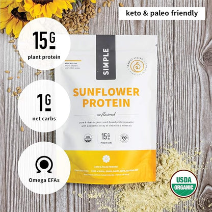 Sprout Living Simple Sunflower Seed Protein Powder, 15 Grams Organic Plant Based Protein Powder Without Artificial Sweeteners, Non Dairy, Non-GMO, Vegan, Gluten Free, Keto Drink Mix (1 Pound)