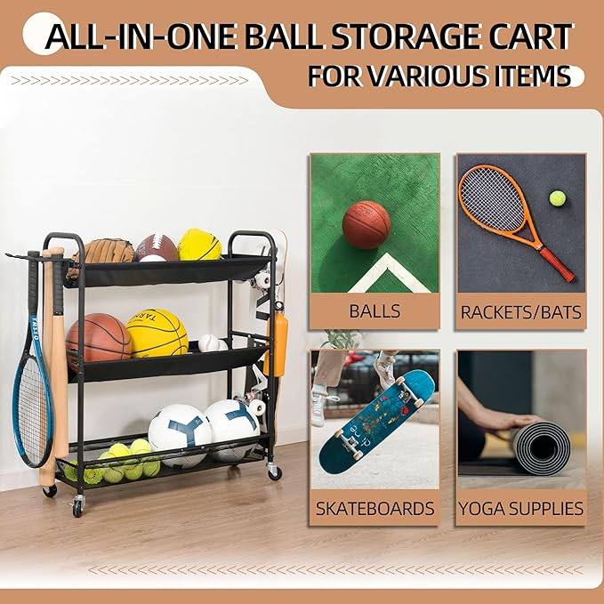 STORAGE MANIAC Basketball Rack 3-Shelf Training Stand Ball Holder Sports Ball Cart Garage Organizer Ball Basket Storage, Ball Rack for Garage or Gym, Indoor & Outdoor Sports Equipment Organizer