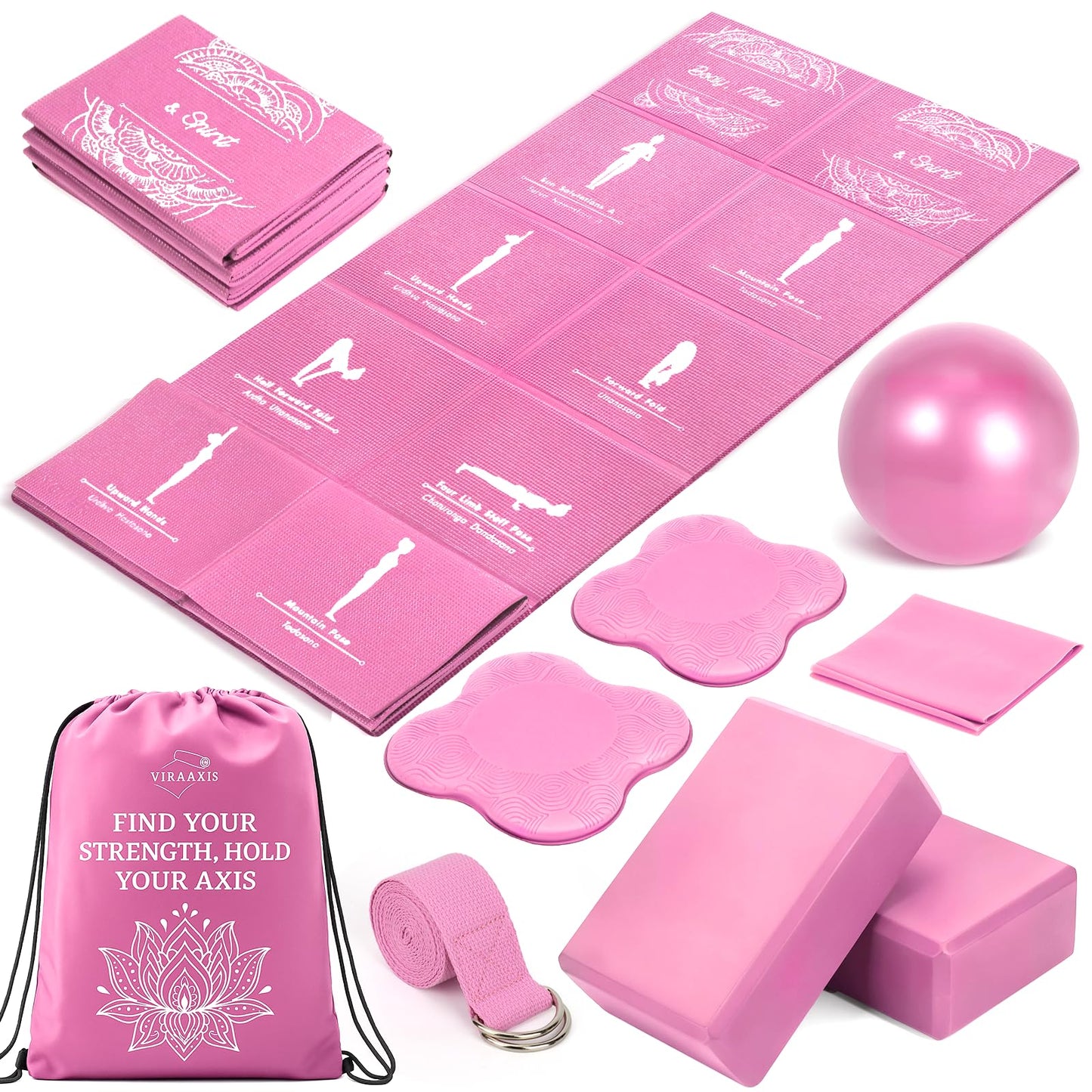 Foldable Yoga Mat and Blocks Set for Women with 2 Pack Yoga Blocks and Strap,Thin Non Slip Pilates