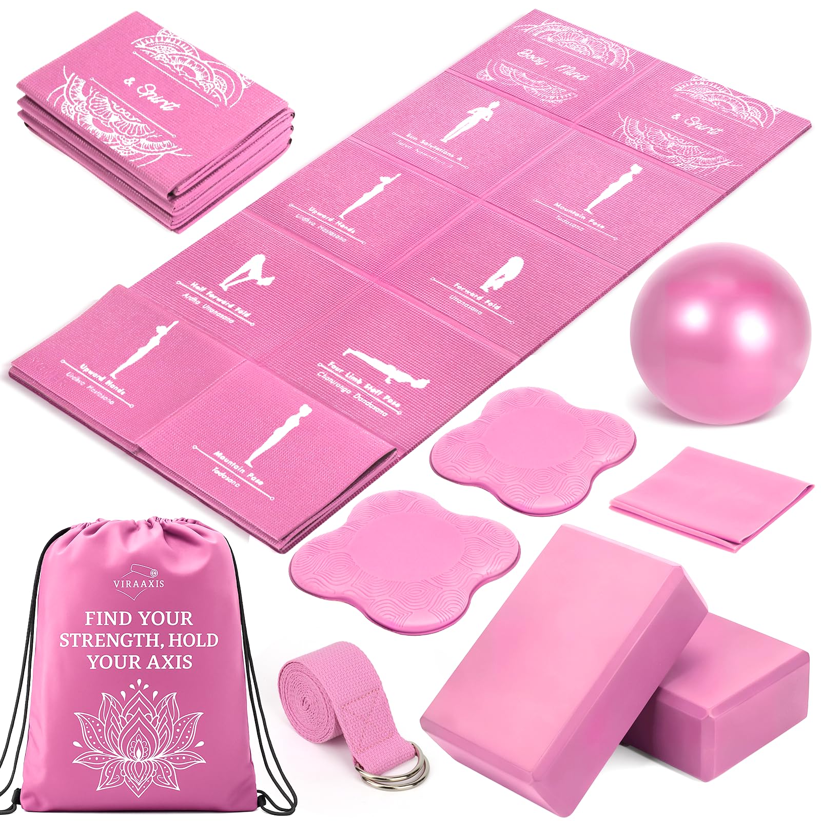 Foldable Yoga Mat and Blocks Set for Women with 2 Pack Yoga Blocks and Strap,Thin Non Slip Pilates