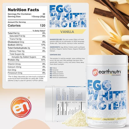 EarthNutri - Egg White Protein Powder Supplement for Pre, Intra or Post Workout, 26g of Protein Per Serving, Supports Muscle Strength & Recovery, No Artificial Additives - Vanilla 20 Servings (640g)