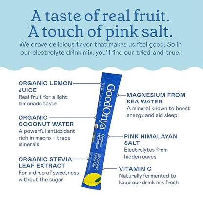 Organic Hydration Electrolyte Drink Mix, Certified Organic Hydration Powder, Non-GMO, Biochecked Glyphosate Free, Low Sugar, Lemonade Flavor, No Artificial Flavors,12 Stick Packs