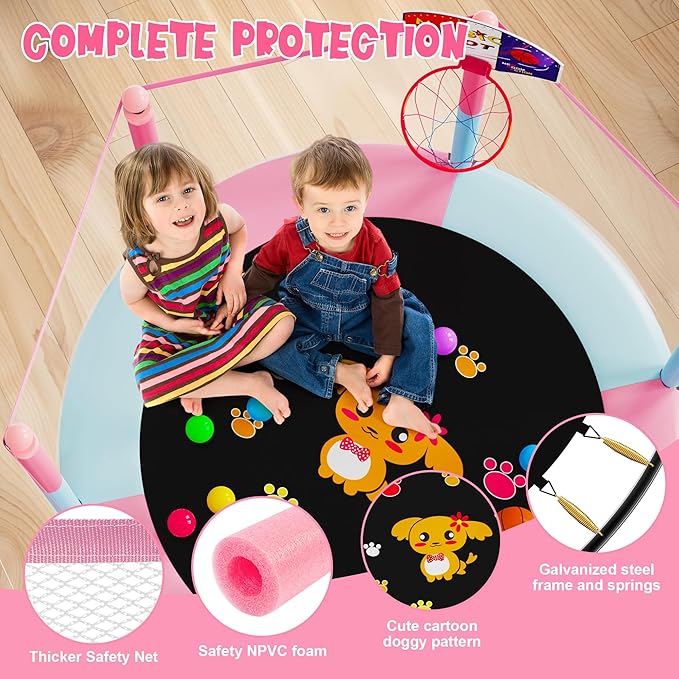 60" Trampoline for Kids, 5 FT Indoor & Outdoor Toddler Baby Trampoline with Basketball Hoop, Safety Enclosure, Birthday Gifts for Kids, Gifts for Boy and Girl, Age 3-8