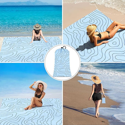 110''×118'' Beach Blanket for 2-8 Adults, Polyester Waterproof Sandproof Beach Mat with 4 Stakes & Storage Bag, Oversized Compact Foldable Blue Outdoor Pocket Blanket for Picnic, Travel, Camping