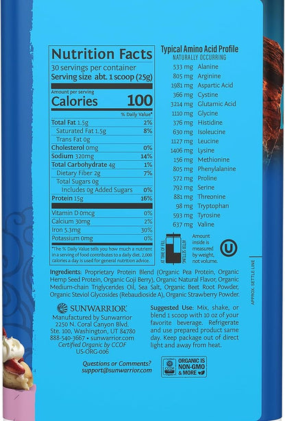 Sunwarrior Vegan Organic Protein Powder Plant-Based | BCAA Amino Acids Hemp Seed Soy Free Dairy Free Gluten Free Synthetic Free Non-GMO | Berry 30 Servings | Warrior Blend