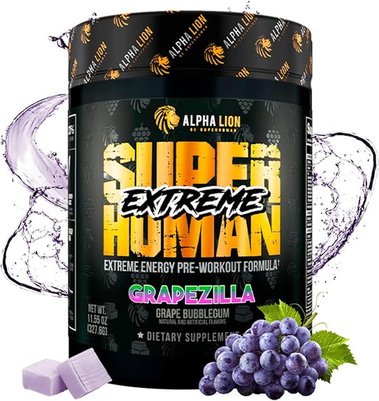 ALPHA LION Superhuman Extreme High Stim Pre Workout Powder, Beta Alanine, L-Taurine & 356mg Tri-Source Caffeine for Sustained Energy, Nitric Oxide & Citrulline for Pump (21 Servings, Grape Flavor)