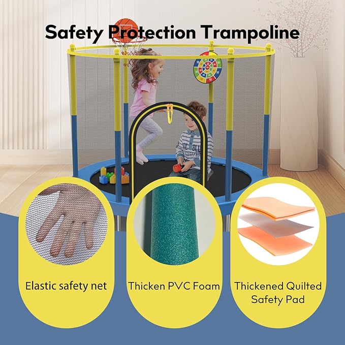 72" Trampoline for Kids with Net,6 FT Indoor & Outdoor Small Toddler Trampoline with Basketball Hoop & Dart Board for Ages 1-8, Birthday Gifts for Boys & Girls, Baby Toddler Christmas Toys