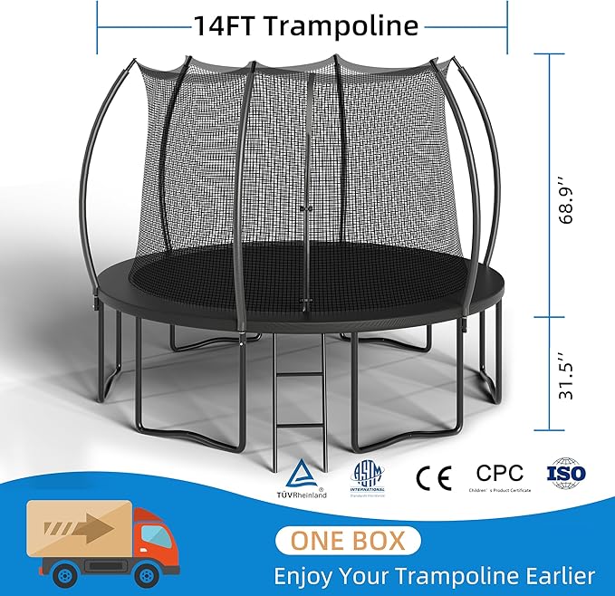 Trampoline 12FT 14FT Enclosure Net Outdoor Jump for Kids and Adults Round ASTM Approved Heavy-Duty Bounce Mat with Enhanced Weight Capacity