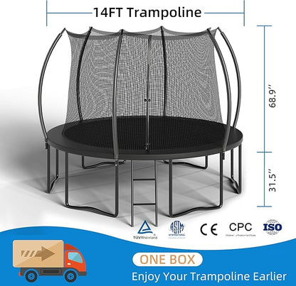 Trampoline 12FT 14FT Enclosure Net Outdoor Jump for Kids and Adults Round ASTM Approved Heavy-Duty Bounce Mat with Enhanced Weight Capacity