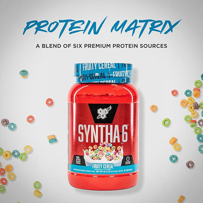 BSN SYNTHA-6 Premium Protein Powder with 6g of Fiber, Whey Protein, Micellar Casein, Milk Protein Isolate Blend, 5g Fat, Fruity Cereal, 28 Servings (Packaging May Vary)