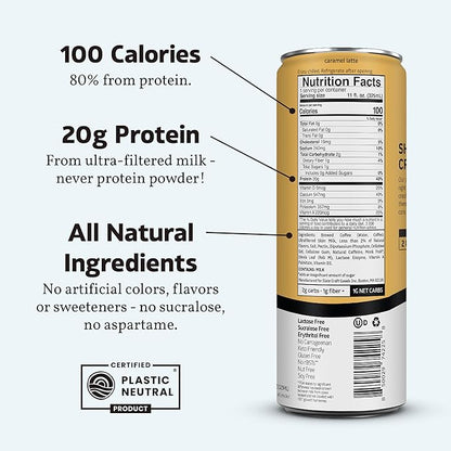 Slate Milk - High Protein Iced Coffee - Caramel Latte - 175mg Caffeine, Lactose Free Energy - 20g Protein, 1g Sugar, 100 Calories, 1g Net Carbs, No Sugar Added - Protein Coffee - 11 fl oz, 24 Cans