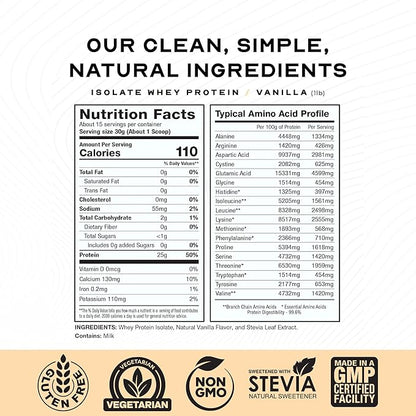 Muscle Feast Grass-Fed Whey Protein Isolate, All Natural Hormone Free Pasture Raised, Whey Isolate Protein Powder for Men and Women, Clean, Gluten-Free, Delicious Isolate Protein - Vanilla, 1lb