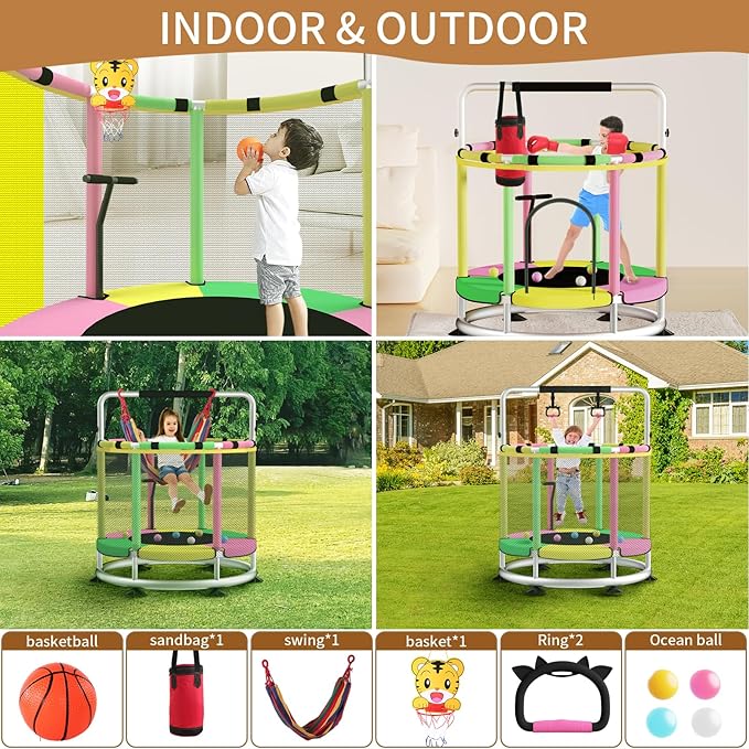 Trampoline for Kids, Adjustable Baby Toddler Trampoline with Basketball Hoop, Round Bottom Indoor Outdoor Toddler with Enclosure