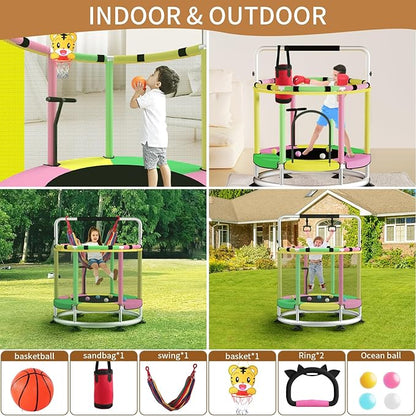 Trampoline for Kids, Adjustable Baby Toddler Trampoline with Basketball Hoop, Round Bottom Indoor Outdoor Toddler with Enclosure