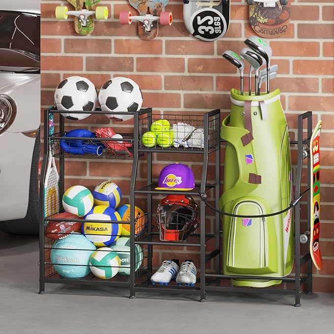 Sports Equipment Organizer Golf Bag Stand Golf Storage Organizer for Garage with Basket and Hooks, Storage Rack for 2 Golf Bag,Two Assembly Methods