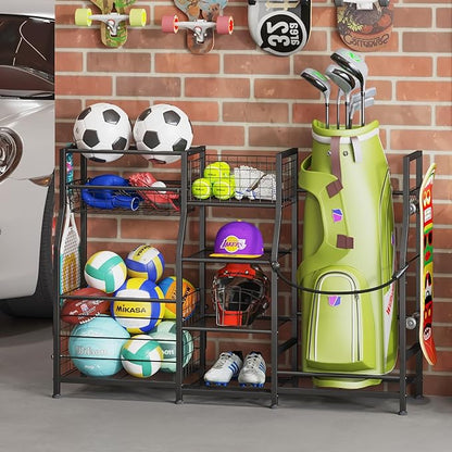 Sports Equipment Organizer Golf Bag Stand Golf Storage Organizer for Garage with Basket and Hooks, Storage Rack for 2 Golf Bag,Two Assembly Methods