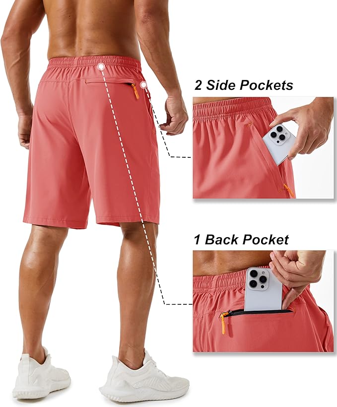 TACVASEN Men's Running Athletic Shorts 9" Quick Dry Workout Gym Shorts Lightweight Summer Shorts 3 Zipper Pockets