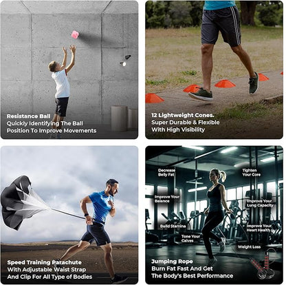 Agility Ladder Speed Training Equipment Set-2x 20ft Agility Ladder,12 Soccer Cones,4 Adjustable Hurdles, Jump Rope, Running Parachute| Basketball Football Soccer Training Equipment for Kids Adults