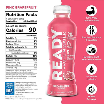 Ready® Protein Water ??20g Whey Protein Isolate, Zero Sugar, Low-Calorie Sports Drink for Hydration & Recovery ??Electrolytes, Essential Amino Acids ??Pink Grapefruit, 16.9 fl oz Bottles (12-Pack)