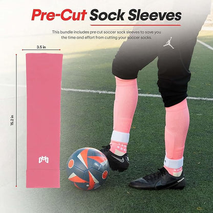 Soccer Grip Socks, Shin Guards, Pre Cut Sock Sleeves, and Guard Straps Bundle Pack - Essential Equipment for Soccer Players - for Mens, Women, Youth, Size 7 to 12 US Men Shoe Size