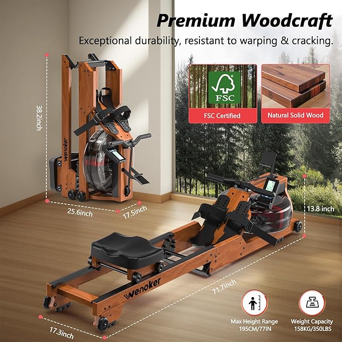 Water Rowing Machine for Home Use, WENOKER Wooden Foldable Rower Machine with Adjustable Monitor & Bluetooth APP, Large Water Tank & Comfortable Seat for Immersive Water Rower, 350LBS Weight Capacity