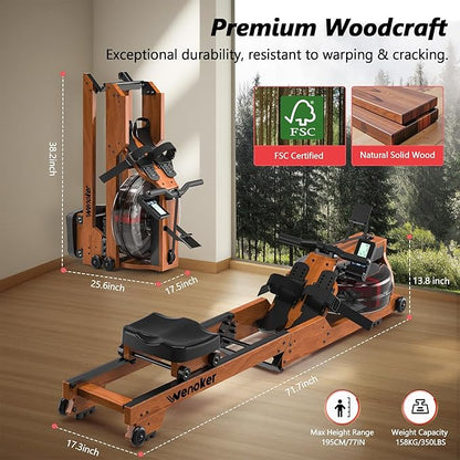 Water Rowing Machine for Home Use, WENOKER Wooden Foldable Rower Machine with Adjustable Monitor & Bluetooth APP, Large Water Tank & Comfortable Seat for Immersive Water Rower, 350LBS Weight Capacity