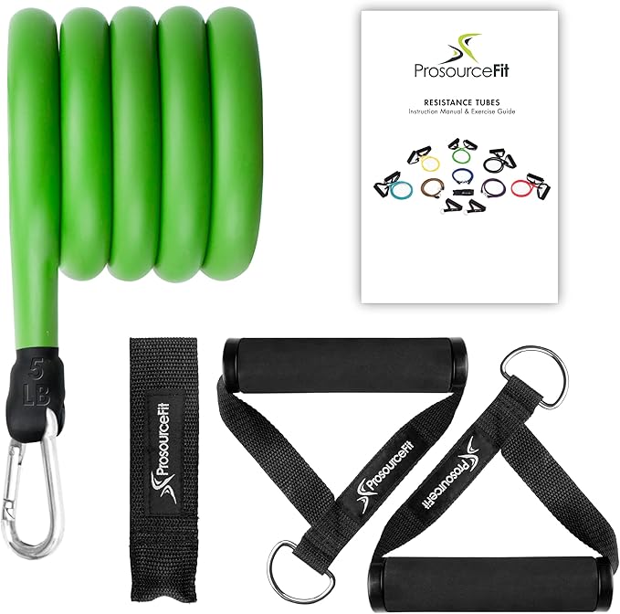 ProsourceFit Single Stackable Resistance Bands with Door Anchor and Exercise Guide, 5-8 LB, Heavy Duty Fitness Tube for Full-Body Exercises and Home Workouts, Green