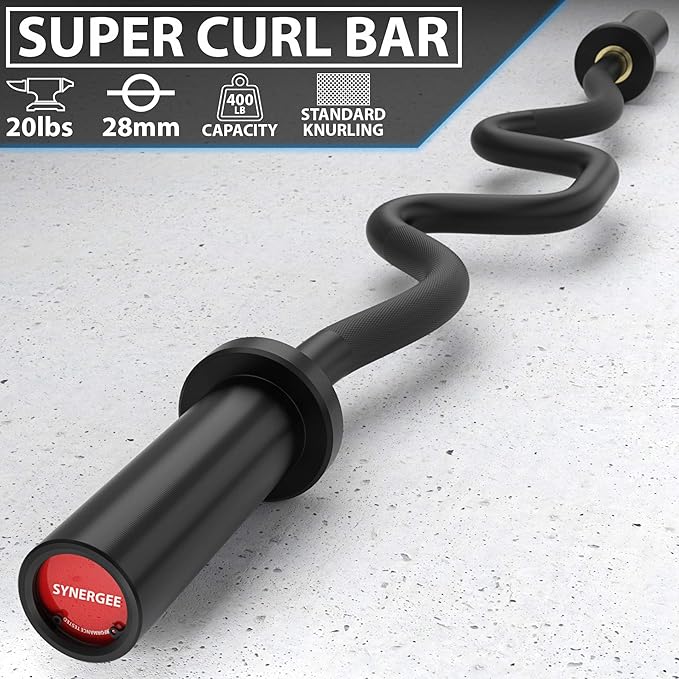 Synergee Commercial Super EZ Curl Olympic Bar Chrome, Black Phosphate and Red with Powder Coated Brass Bushings Excellent for Bicep Curls and Triceps Extensions