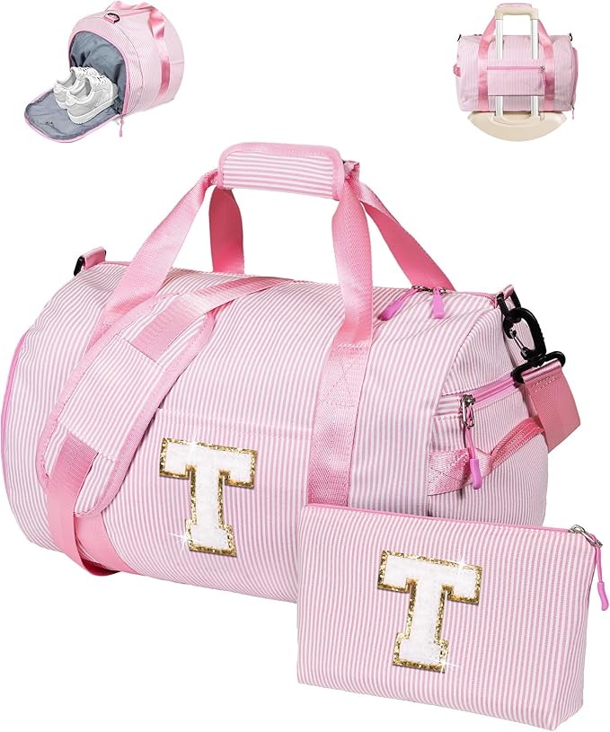Teen Girl Gifts Trendy Stuff, Girl Gym Bag, Kids Initial Overnight Duffel Bags with Shoe Compartment, Personalized Travel Bag with Makeup Pouch, Gift for 3 4 5 6 7 Year Old Kid (Letter T)