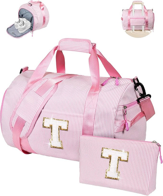 Teen Girl Gifts Trendy Stuff, Girl Gym Bag, Kids Initial Overnight Duffel Bags with Shoe Compartment, Personalized Travel Bag with Makeup Pouch, Gift for 3 4 5 6 7 Year Old Kid (Letter T)
