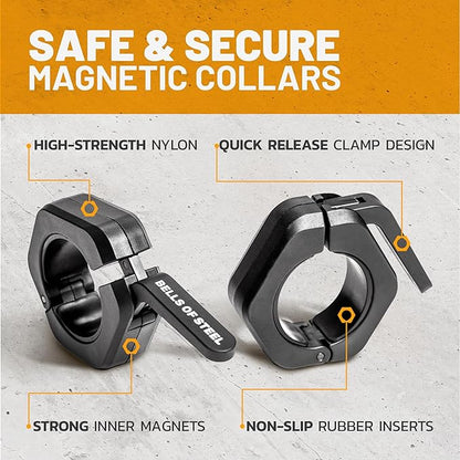 Magnetic Barbell Collars [Bells of Steel] Premium Weight Bar Clamps, Quick Release Barbell Clips, Olympic Barbell Clamps, High Strength Nylon Gym Clips, Pair, Black