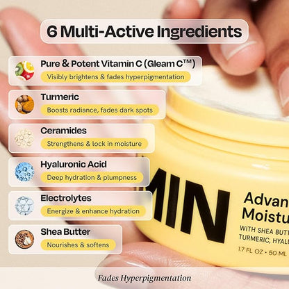Gleamin Advanced Brightening Face Moisturizer - Face Cream for Women & Men with Vitamin C, Ceramides, Turmeric & Hyaluronic Acid - Faded Cream for Dark Spots, Uneven Skin Tone & Hydration - 1.7 fl oz