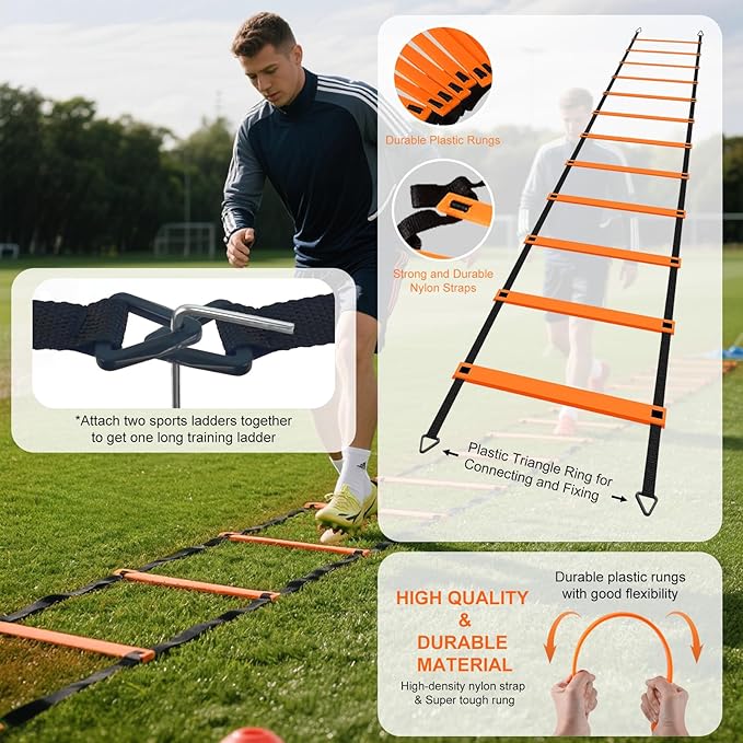 Speed Agility Ladder Soccer Training Equipment Set, 20ft Agility Ladder, 12 Soccer Cones, Running Parachute, Soccer Kick Trainer, 5 Resistance Bands, Football Soccer Training Equipment for Kids Adults