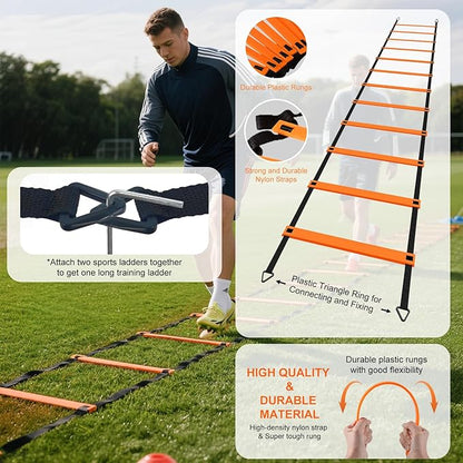 Speed Agility Ladder Soccer Training Equipment Set, 20ft Agility Ladder, 12 Soccer Cones, Running Parachute, Soccer Kick Trainer, 5 Resistance Bands, Football Soccer Training Equipment for Kids Adults