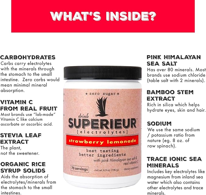 Superieur Electrolytes?“Plant Based Electrolyte Supplement w/Sea Minerals for Hydration & Recovery?“Keto Friendly, Non-GMO, Zero Sugar, Vegan Healthy Sports Drink Powder?“Strawberry Lemon(70 Serv)
