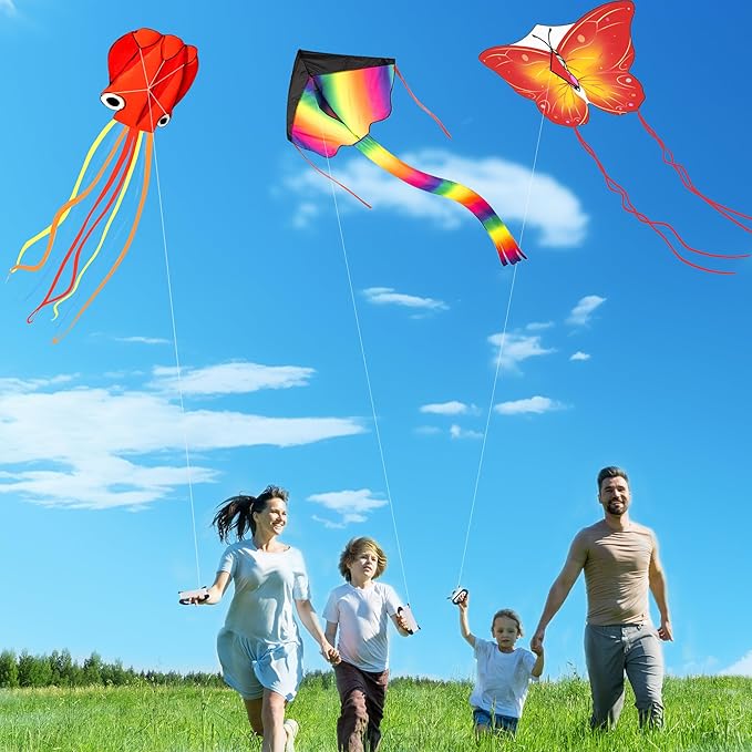 3 Pack Large Kites, Large Butterfly Kite, Colorful Delta and Red Octopus for Girls Boys Ages 4-8, 8-12, Adults