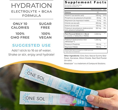 One Sol BCAA & Electrolyte Powder for Hydration & Energy, All-Natural Formula, 100% Vegan, Non-GMO, Gluten Free & Soy-Free, Promotes Muscle Growth & Recovery, Gummy Bear Flavor
