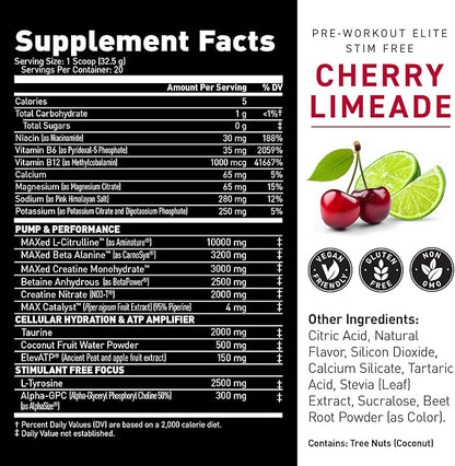 Kaged Pre Workout Elite Stim Free Powder | Cherry Limeade | Pre-Workout with Creatine, Beta Alanine, L-Citrulline, BCAAs | Caffeine Free | Pre Supplements for Men & Women | 20 Servings